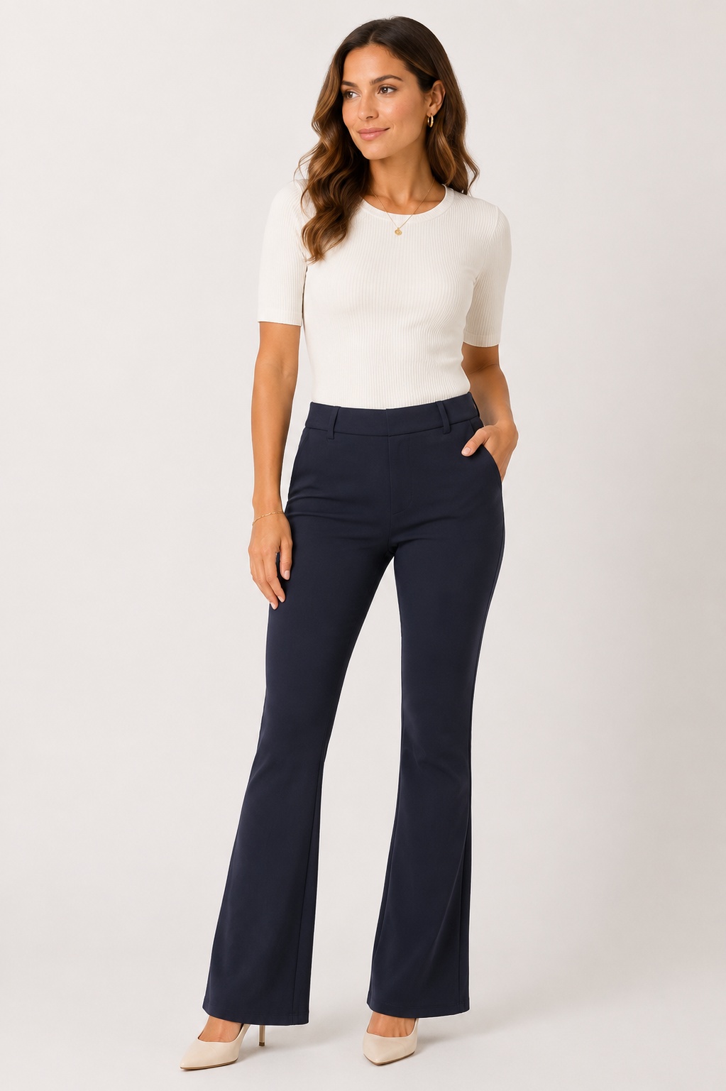 Broek Flared Dark Blue MP202384 Travelstof - Mi Piace
