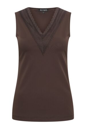 Top Mouwloos Espresso Lace met kant Travelstof - Mi Piace