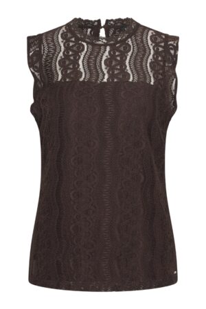 Top Mouwloos Kant Espresso Travelstof - Mi Piace