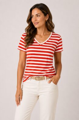 Top V Neck Marsy Linen Stripe - Sun Orange - King Louie