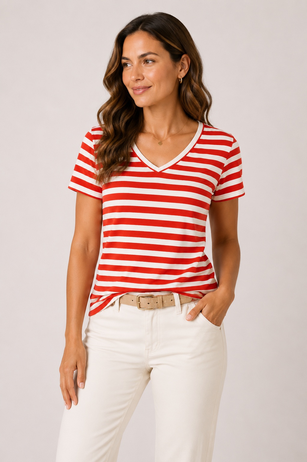 Top V Neck Marsy Linen Stripe - Sun Orange - King Louie
